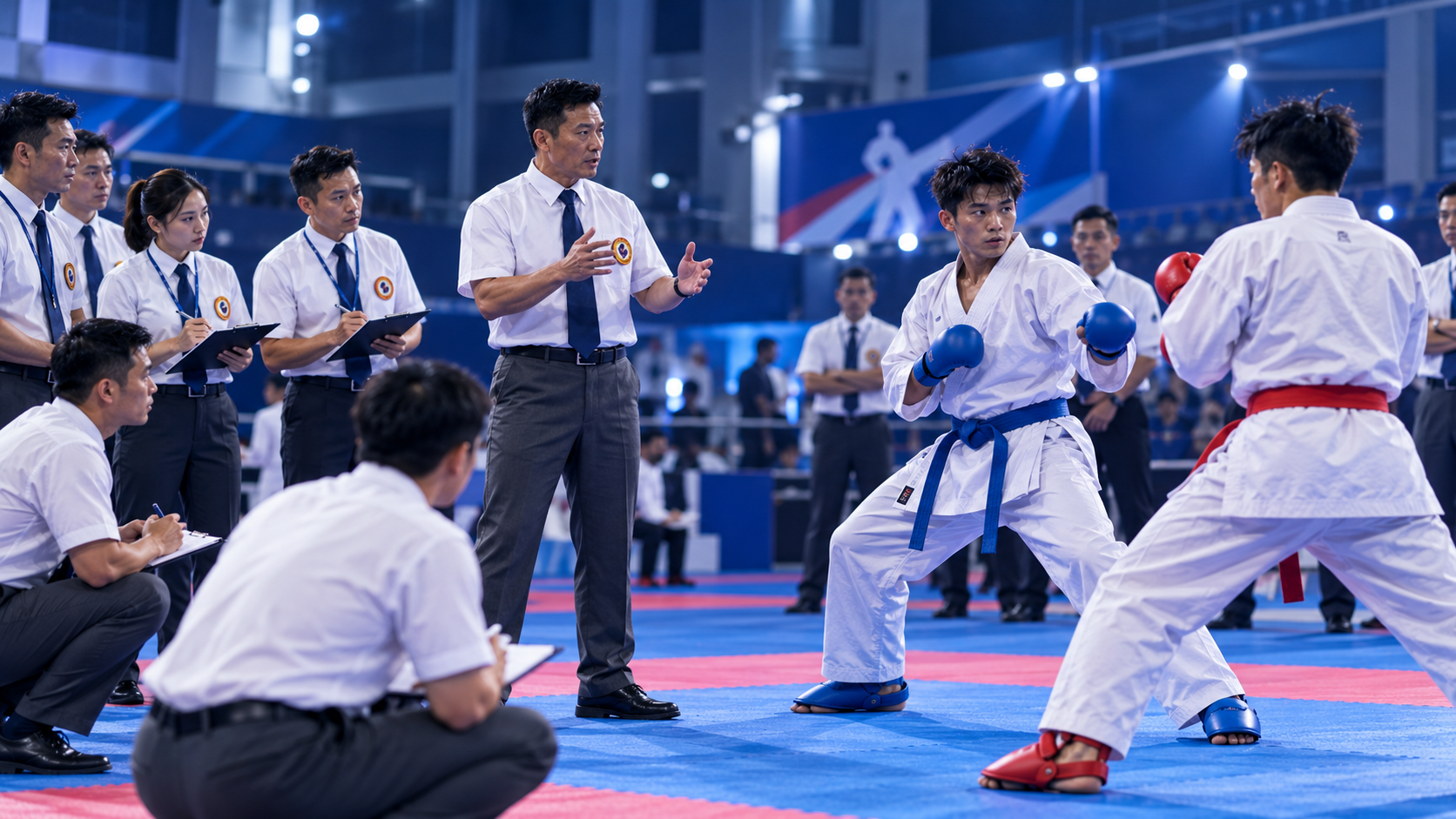 Ảnh minh họa thực hành Kumite trên thảm đấu: hai người mặc võ phục trắng mang găng và bảo hộ xanh, đỏ; một nhóm người mặc áo sơ mi trắng, đeo cà vạt cầm bảng ghi chép quan sát.