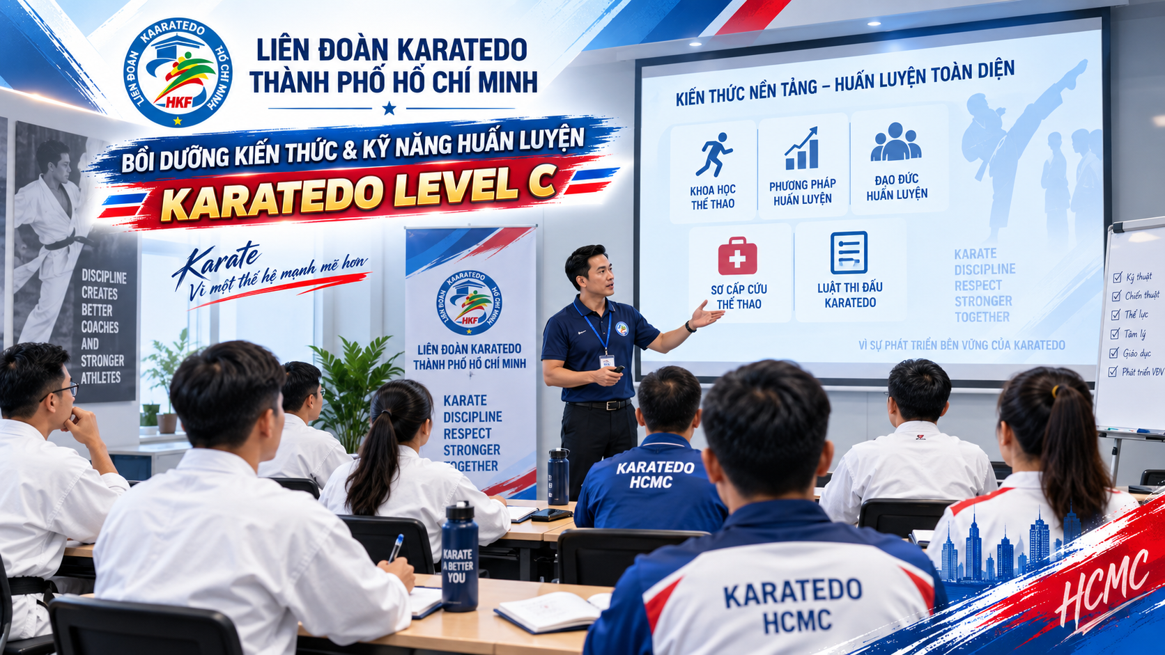 Đồ họa minh họa lớp học Karatedo Level C, với giảng viên trình bày trước màn hình về khoa học thể thao, phương pháp huấn luyện, đạo đức huấn luyện, sơ cấp cứu và Luật thi đấu Karatedo.