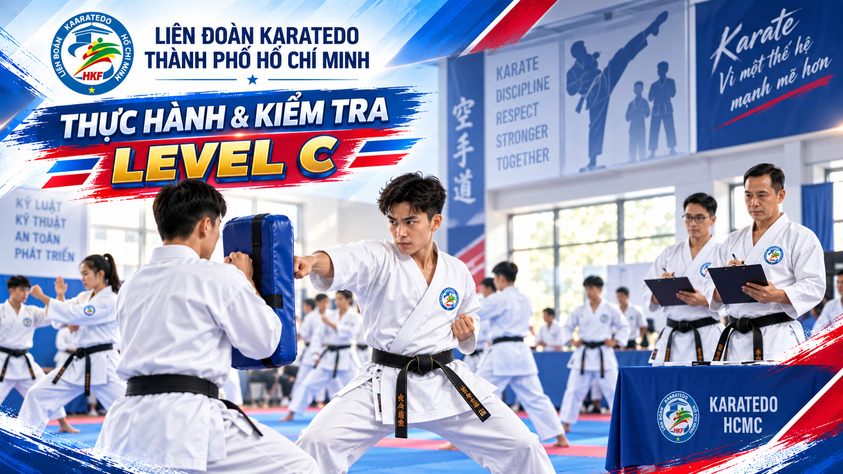 Đồ họa minh họa phần thực hành và kiểm tra Level C: học viên Karatedo thực hiện đòn đấm vào đích đỡ, trong khi các người quan sát ghi chép trên bảng kẹp.